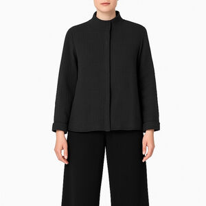 Eileen Fisher Textured Black Mandarin Collar Jacket Silk Blend Minimalist Medium